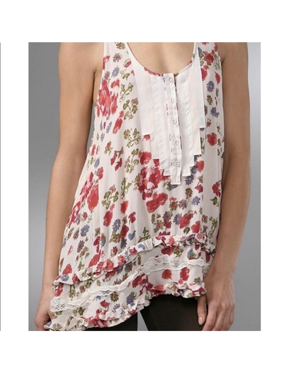 Free People Floral Ruffle Sleeveless Tank Top
